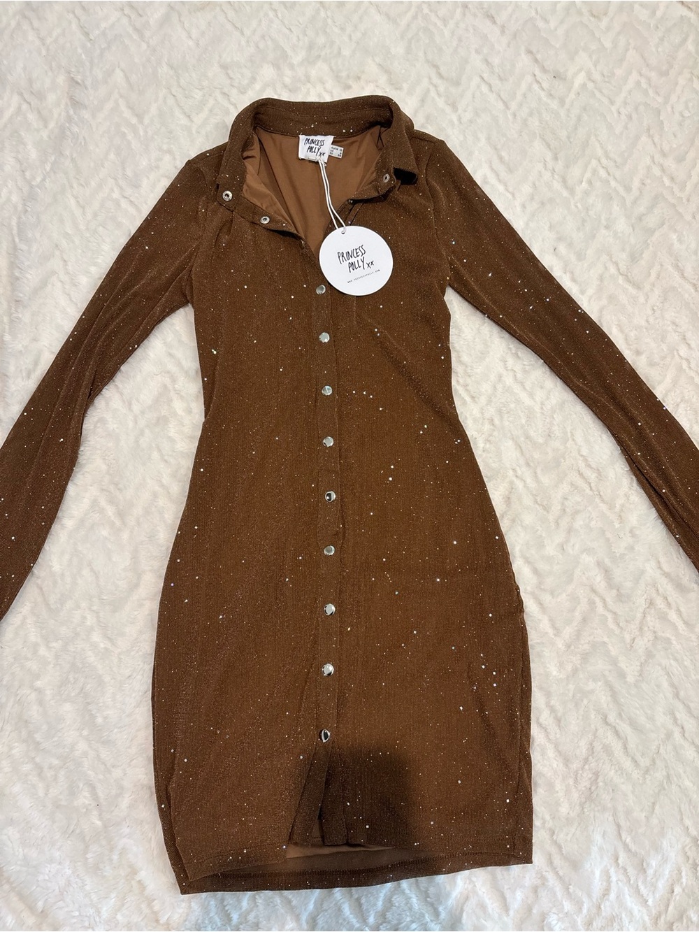 Princess Polly Brown Sparkle Button-Front Long Sleeve Dress